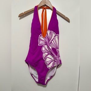 Trina Turk One-Piece Halter Swim Suit Purple Orange White Women's Size 8